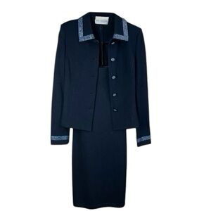 St. John Evening Santana Knit Black Dress Suit with Swarovski Crystals Size S/M